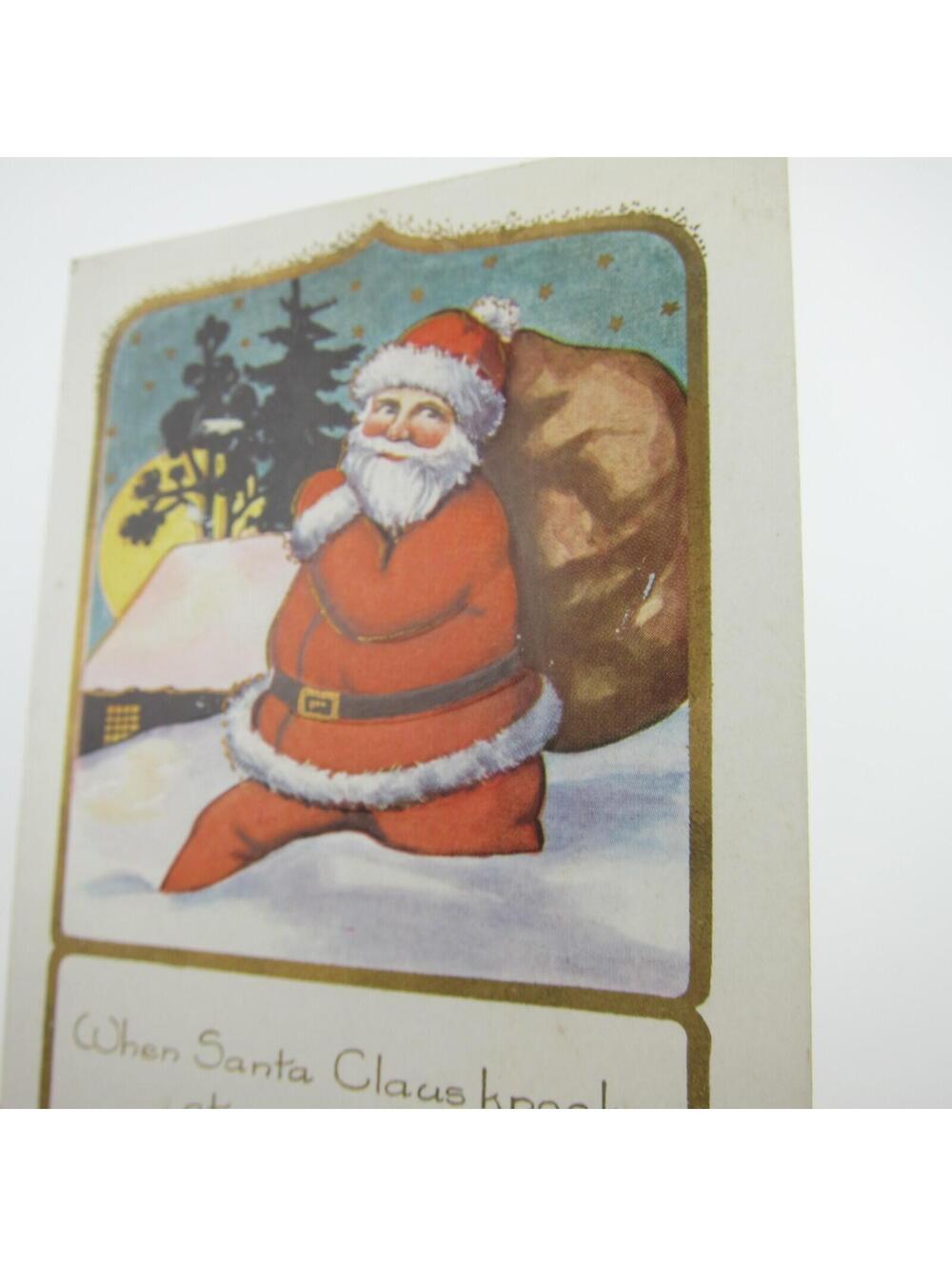 Christmas Postcard Santa Hikes in Snow Toy Bag Cabin Moon Night Whitney Antique - Picture 8 of 12
